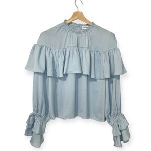 The Drop Miriam Feminine Ruffle Yoke Shine Blouse Skyway Baby Blue Large L NWT